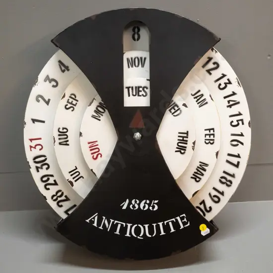 reproduction metal cased wall hanging calendar with 3 rotating metal discs - with Bear & Fox tag H500 W490