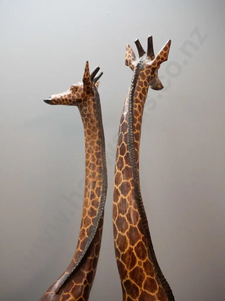 pair of very tall hand painted and carved jacaranda timber giraffes - slightly taller one H-1260, has crack where tail Image 1++