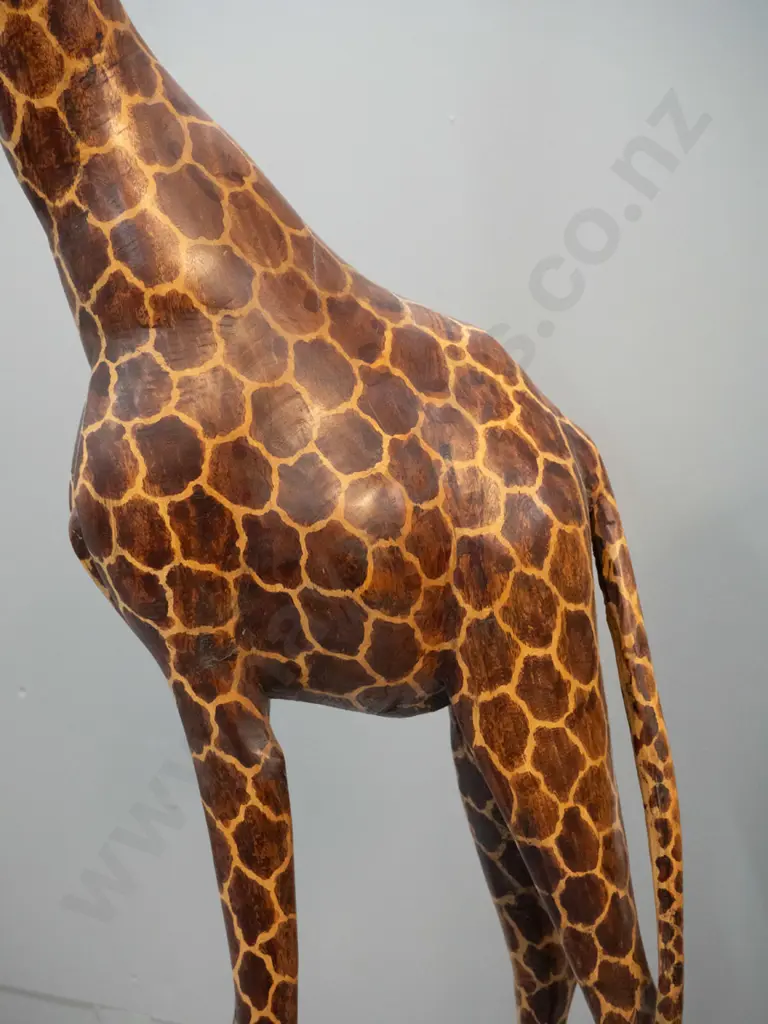 pair of very tall hand painted and carved jacaranda timber giraffes - slightly taller one H-1260, has crack where tail Image 1++
