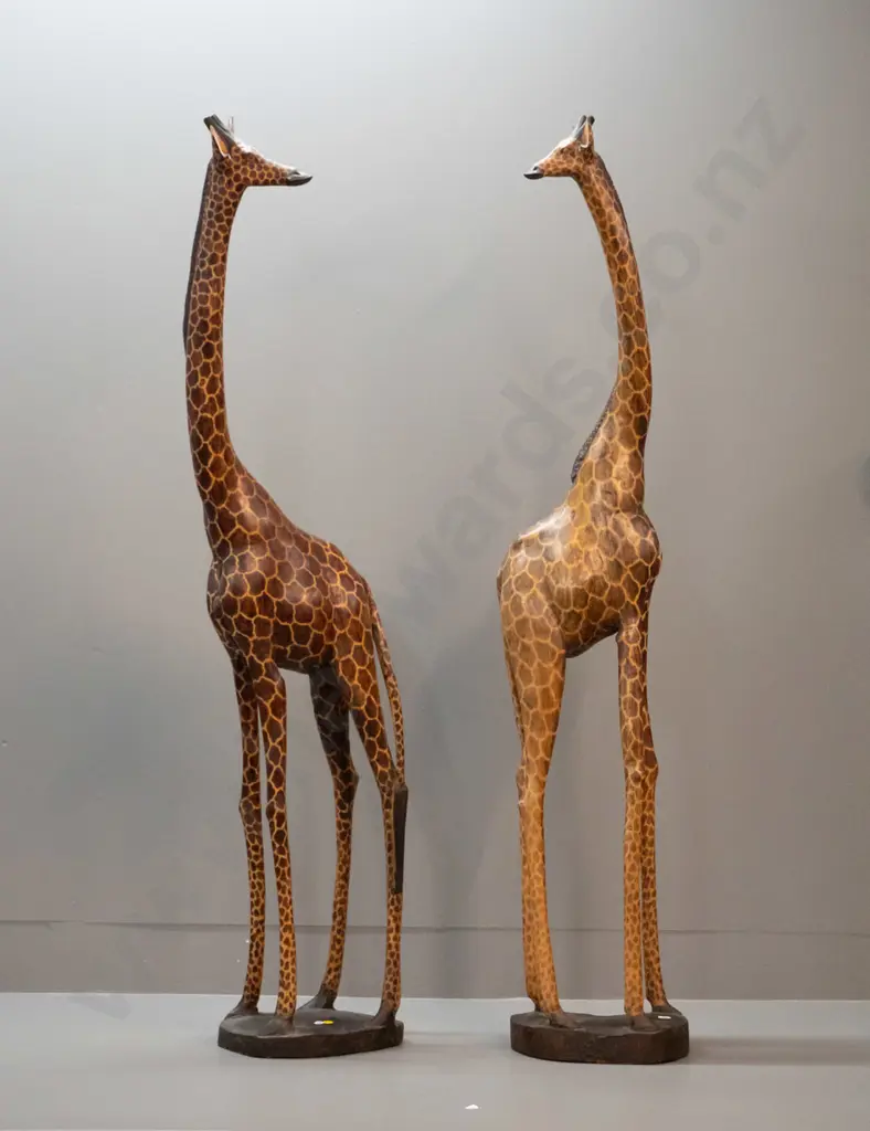 pair of very tall hand painted and carved jacaranda timber giraffes - slightly taller one H-1260, has crack where tail Image 1++
