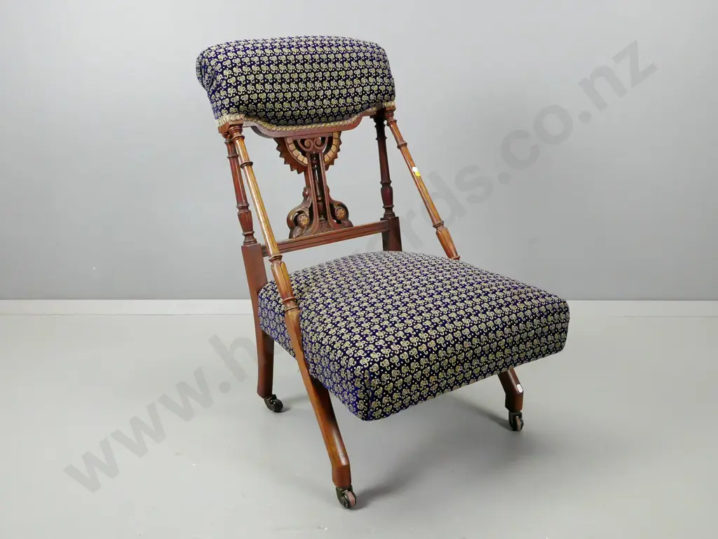 Victorian walnut bedroom chair with carved and turned back splat, turned & fluted side supports, on porcelain casters, Image 1++