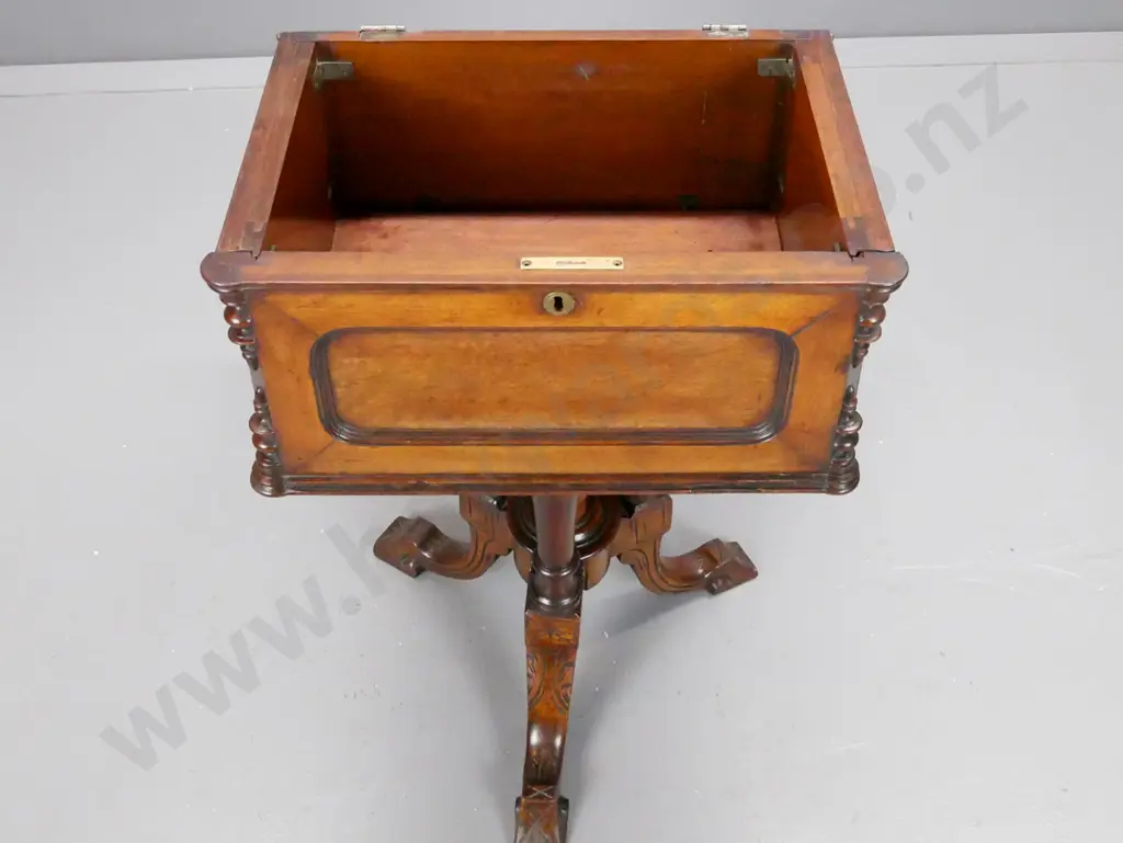 Victorian walnut lift-top sewing cabinet - top box section with panelled sides and front on 3-point cathedral pedestal Image 1++