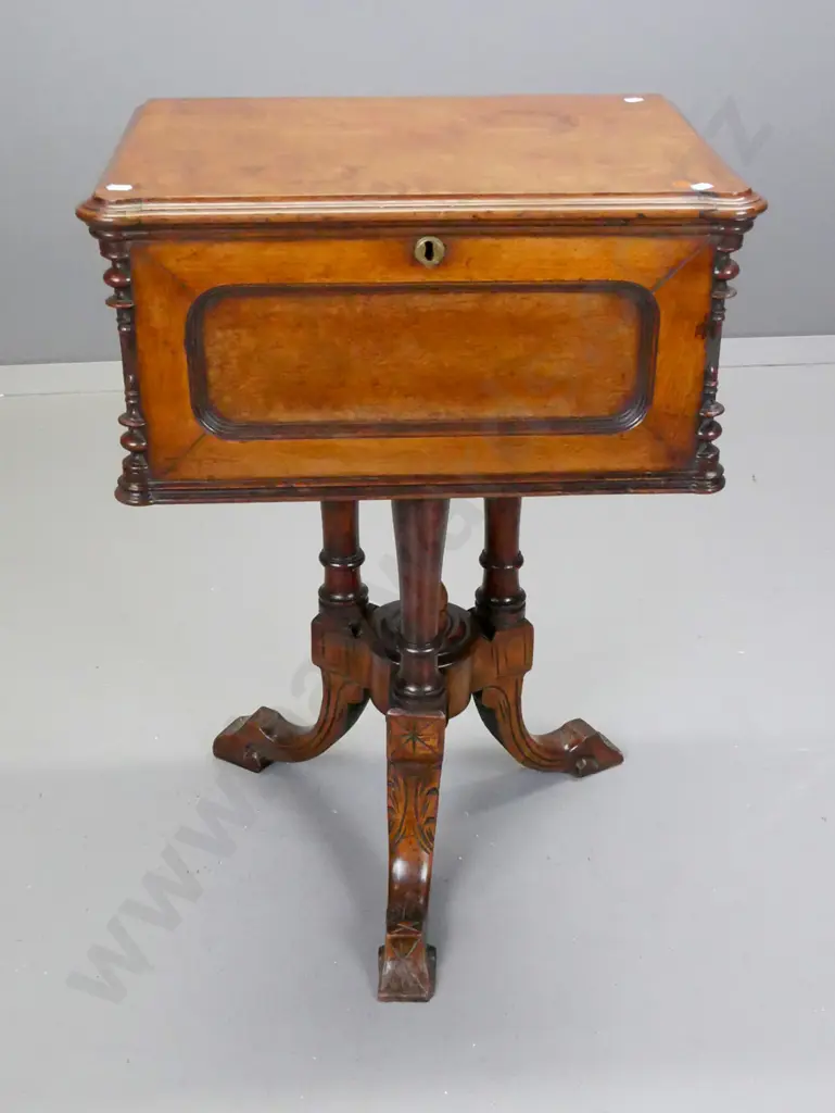 Victorian walnut lift-top sewing cabinet - top box section with panelled sides and front on 3-point cathedral pedestal Image 1++