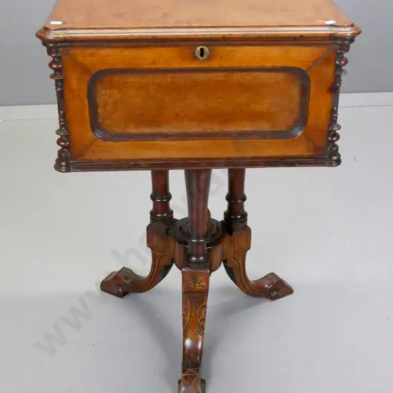 Victorian walnut lift-top sewing cabinet - top box section with panelled sides and front on 3-point cathedral pedestal