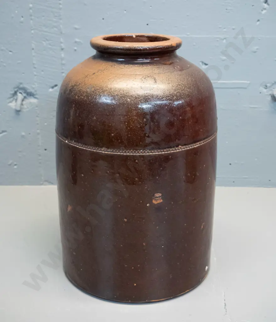 vintage wide mouth stoneware crock - marked Luke Adams Sydenham Christchurch on base, has some glaze chips H350 D200 Image 1++