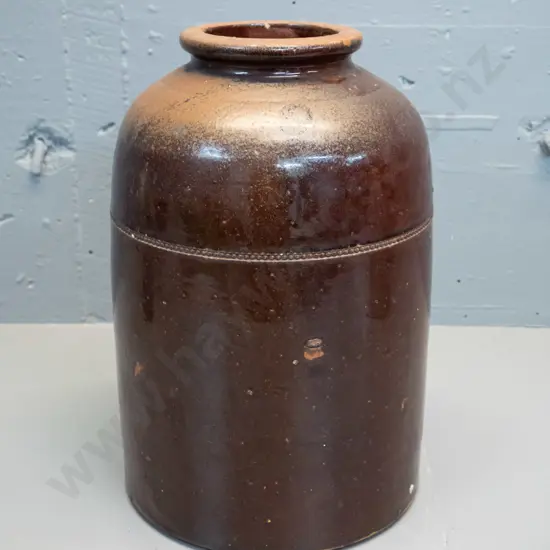vintage wide mouth stoneware crock - marked Luke Adams Sydenham Christchurch on base, has some glaze chips H350 D200