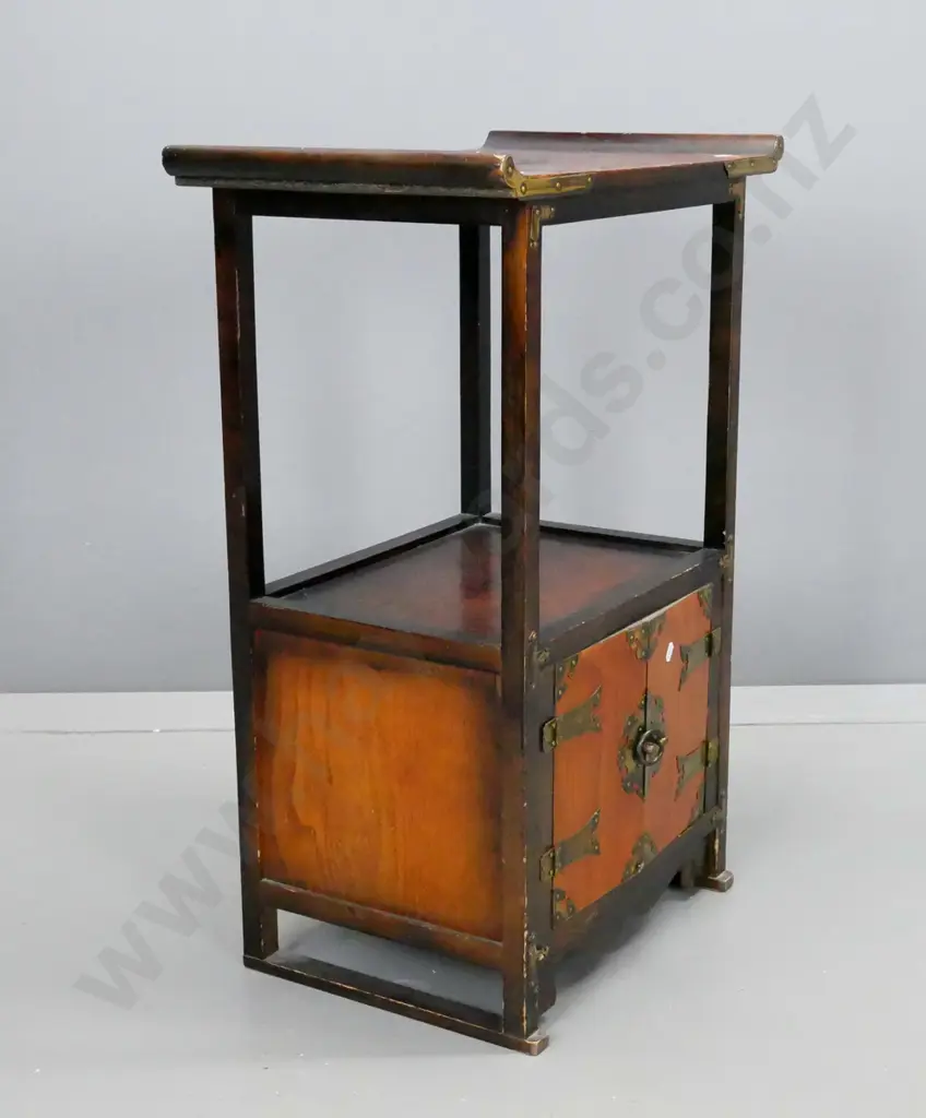 asian scroll top end table with lower 2-door cupboard lined with paper, brass strapping to doors and corners, Image 1++