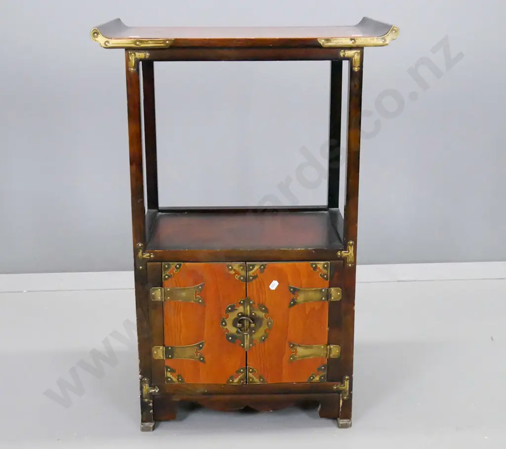 asian scroll top end table with lower 2-door cupboard lined with paper, brass strapping to doors and corners, Image 1++