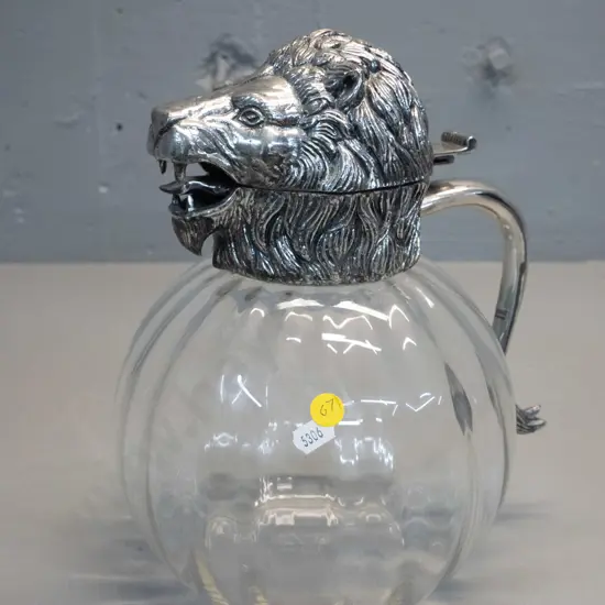 claret jug with hinged very heavy silver plated lion-head top and lion's tail handle marked Valenti - Made in Spain