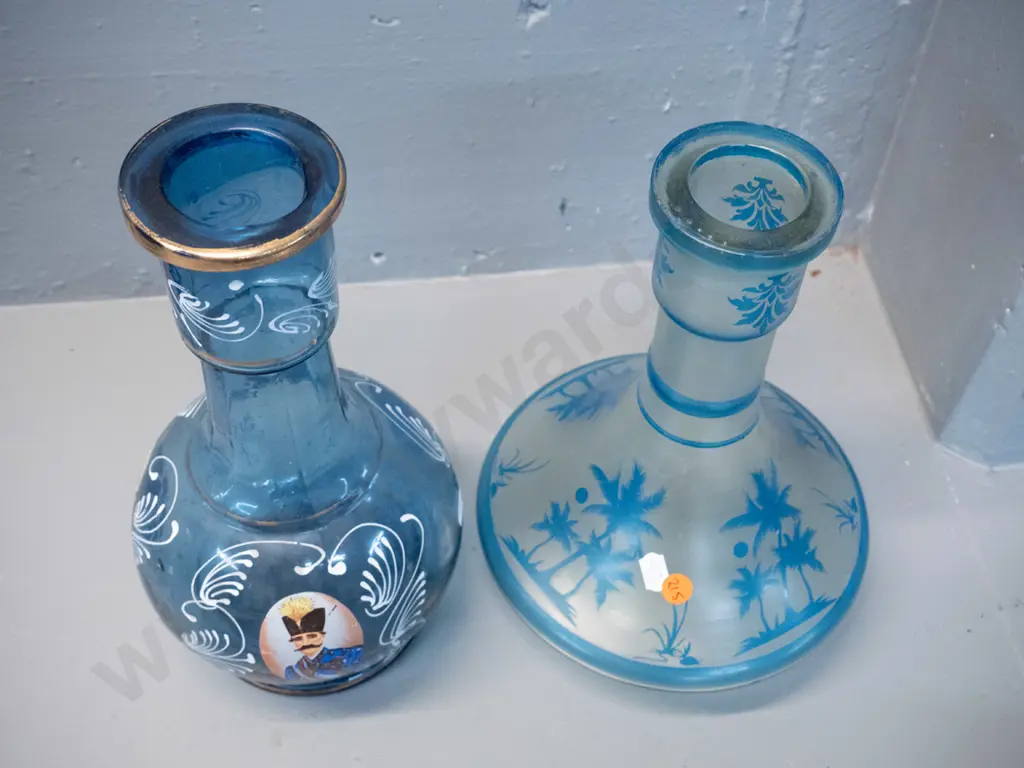 2 vintage glass hookah bottles, one with printed Turkish motifs H-290 Image 1++