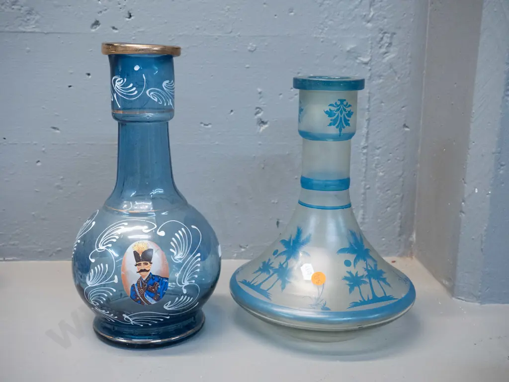 2 vintage glass hookah bottles, one with printed Turkish motifs H-290 Image 1++