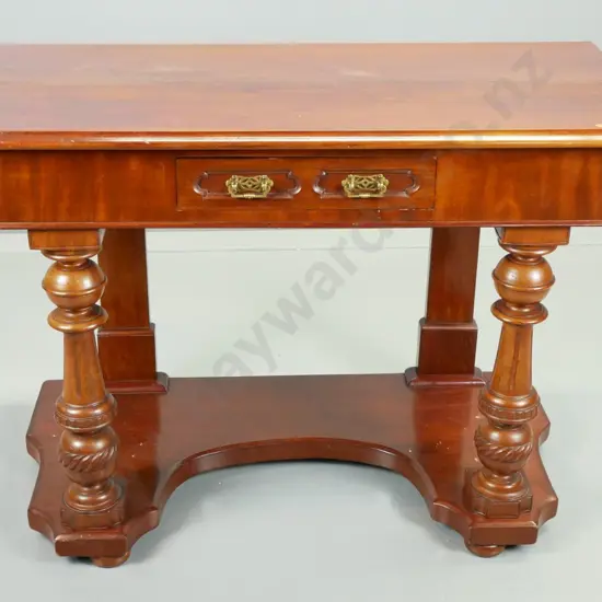 Edwardian mahogany occasional or hall table, single drawer with 2 brass handles, platform base, 2 turned front columns -