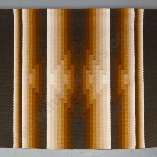 Ian Spalding, hand-woven striped kilim-style floor rug, has timber hanging bar tacked along one edge L1710 W1030