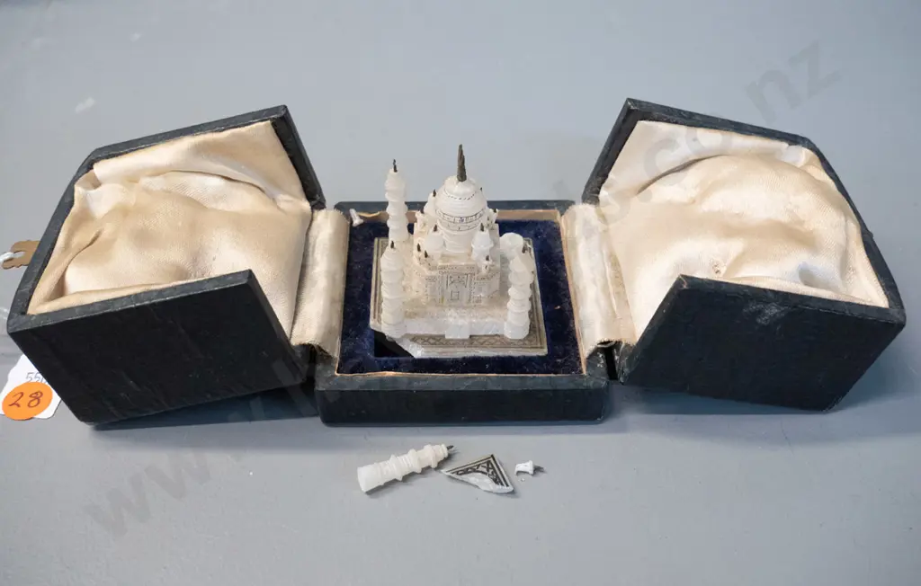 vintage souvenir miniature mosque carved from alabaster or other stone, with metal ornament and hand painted decoration, Image 1++