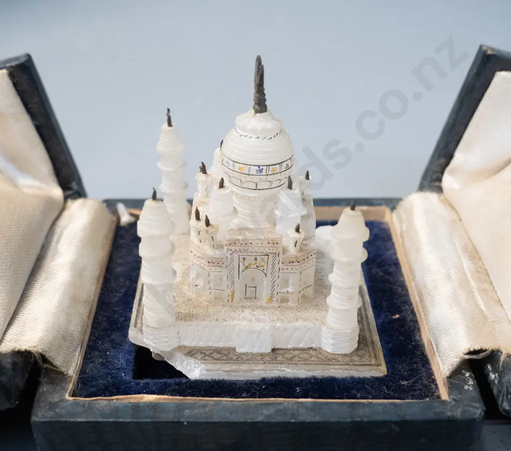 vintage souvenir miniature mosque carved from alabaster or other stone, with metal ornament and hand painted decoration, Image 1++