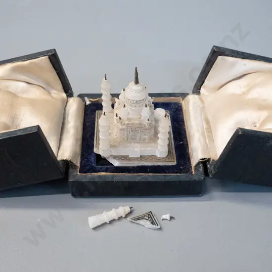 vintage souvenir miniature mosque carved from alabaster or other stone, with metal ornament and hand painted decoration,