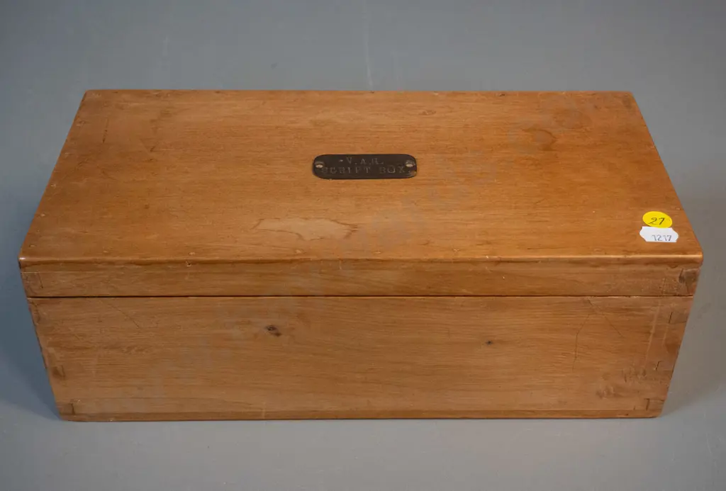 timber case with hinged lid, copper plaque with engraved "V.A.H. Script Box" on lid. H-110 W-320 D-160 Image 1++
