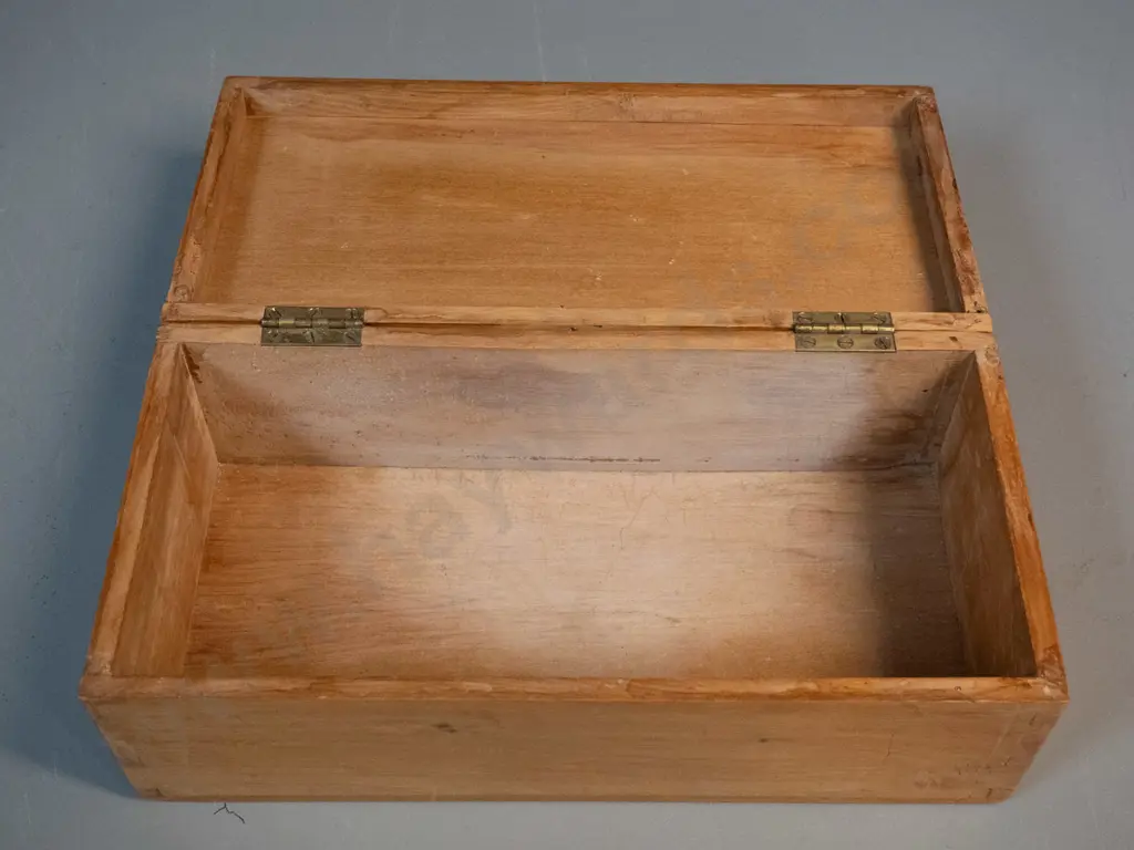 timber case with hinged lid, copper plaque with engraved "V.A.H. Script Box" on lid. H-110 W-320 D-160 Image 1++