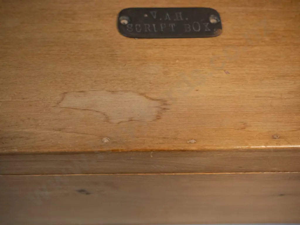 timber case with hinged lid, copper plaque with engraved "V.A.H. Script Box" on lid. H-110 W-320 D-160 Image 1++