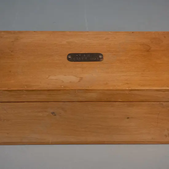timber case with hinged lid, copper plaque with engraved "V.A.H. Script Box" on lid. H-110 W-320 D-160