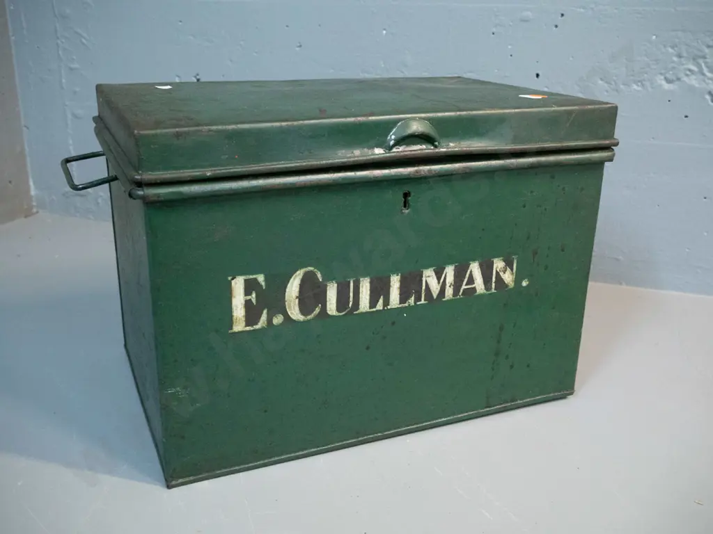 green painted metal deed box with side handles, brass lock, no key - stencilled E Cullman on front. General age wear to Image 1++