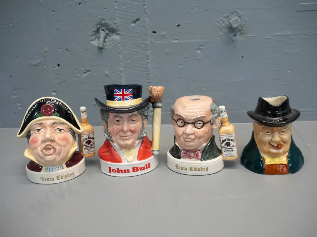 4 small character jugs - 3 Royal Doulton Jim Beam & a Shorter & Son Winston Churchill H-100 Image 1++