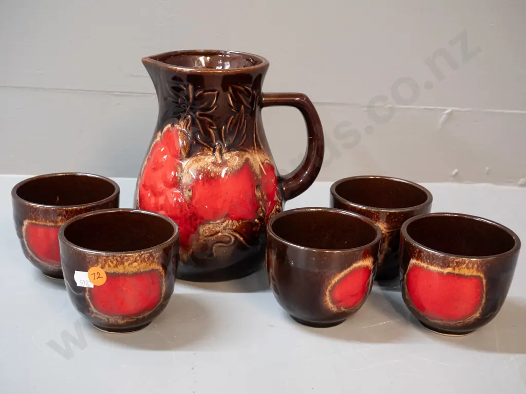 German red and brown pottery water set - jug and 5 cups Image 1++