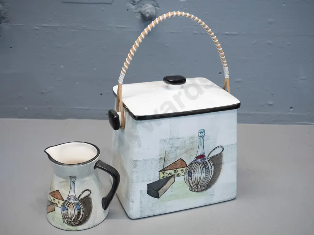 mid century biscuit barrel and jug - biscuit barrel has cane handle with plastic lacing H-150 W-140 D-100 Image 1++