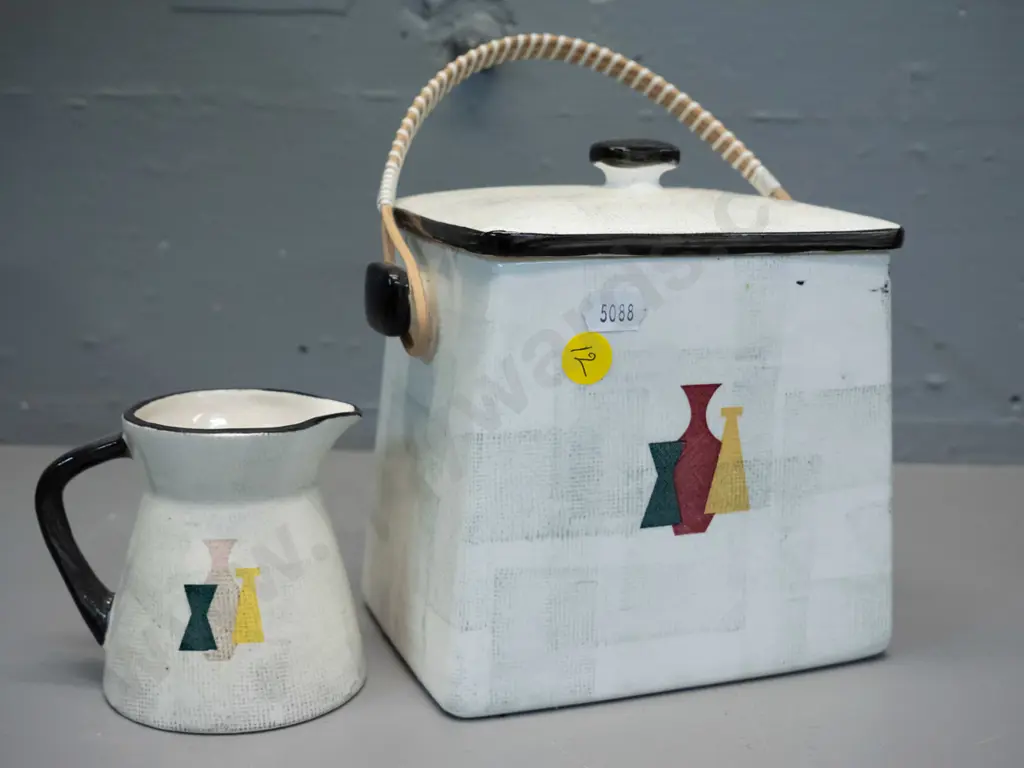 mid century biscuit barrel and jug - biscuit barrel has cane handle with plastic lacing H-150 W-140 D-100 Image 1++