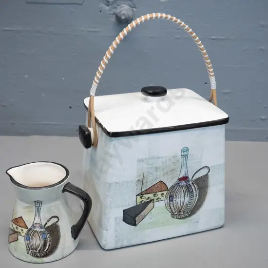 mid century biscuit barrel and jug - biscuit barrel has cane handle with plastic lacing H-150 W-140 D-100