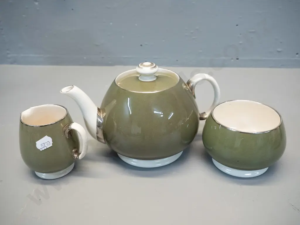 Moorcroft 3-piece tea set - olive green, silver trim - some crazing, jug has hairline crack Image 1++