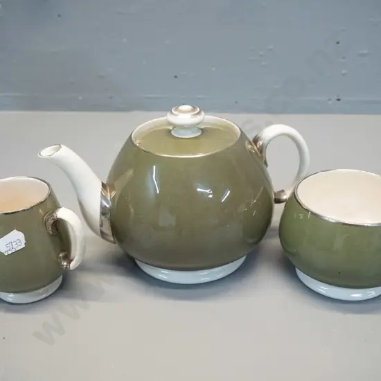 Moorcroft 3-piece tea set - olive green, silver trim - some crazing, jug has hairline crack