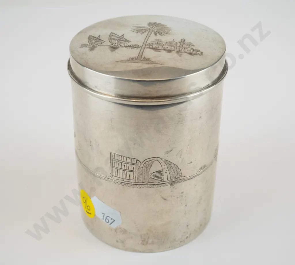 silver lidded canister with engraved Egyptian or middle eastern motifs, stamped 925. H-90 D-65 Image 1++