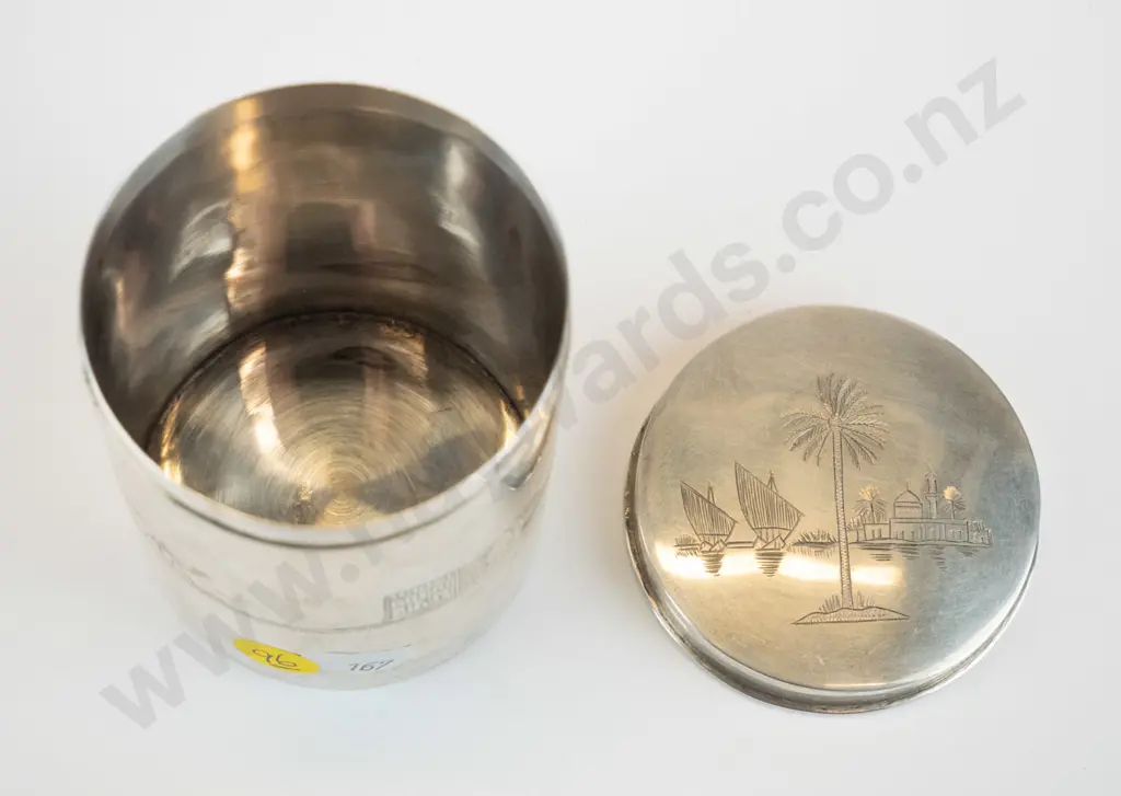 silver lidded canister with engraved Egyptian or middle eastern motifs, stamped 925. H-90 D-65 Image 1++