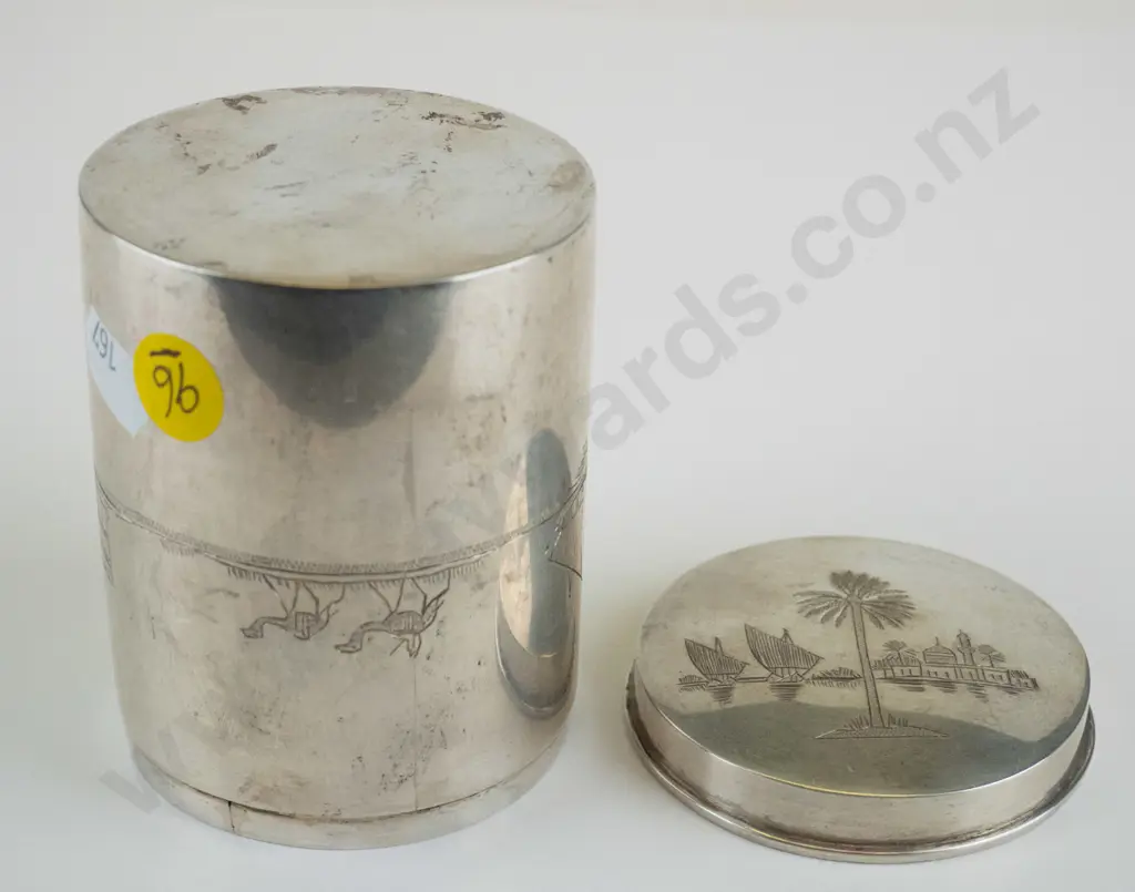 silver lidded canister with engraved Egyptian or middle eastern motifs, stamped 925. H-90 D-65 Image 1++