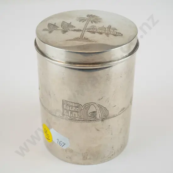 silver lidded canister with engraved Egyptian or middle eastern motifs, stamped 925. H-90 D-65