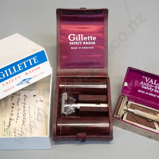 vintage Gillette safety razor set with gift cards and box, and a well used Valet razor set