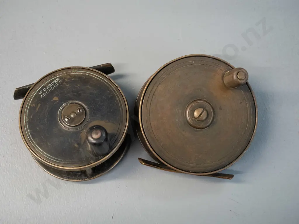 2 brass fly reels - one marked W. Garden Aberdeen, D80 Image 1++