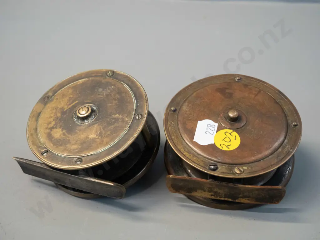 2 brass fly reels - one marked W. Garden Aberdeen, D80 Image 1++