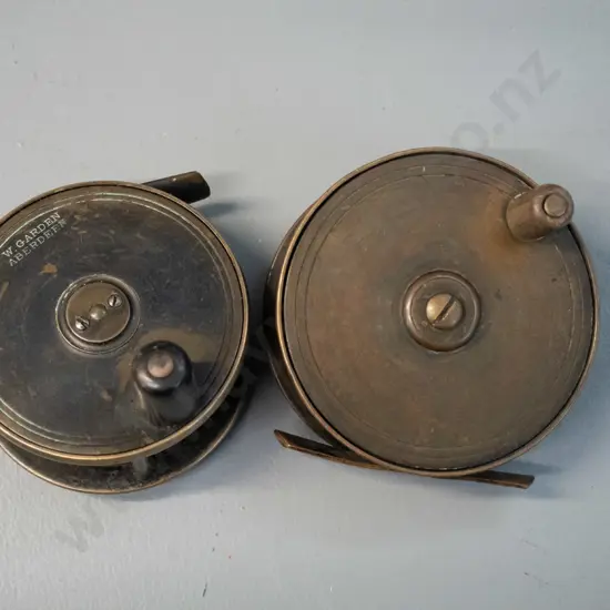 2 brass fly reels - one marked W. Garden Aberdeen, D80