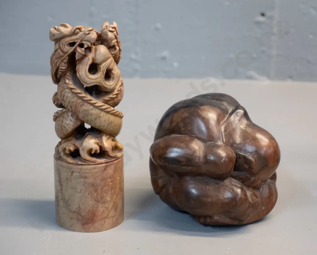 small carved timber sitting / praying figure and a Chinese carved stone dragon chop / seal H-120 Image 1++