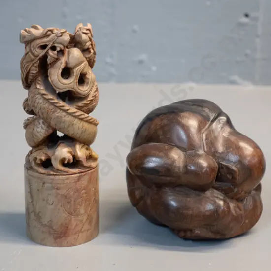 small carved timber sitting / praying figure and a Chinese carved stone dragon chop / seal H-120
