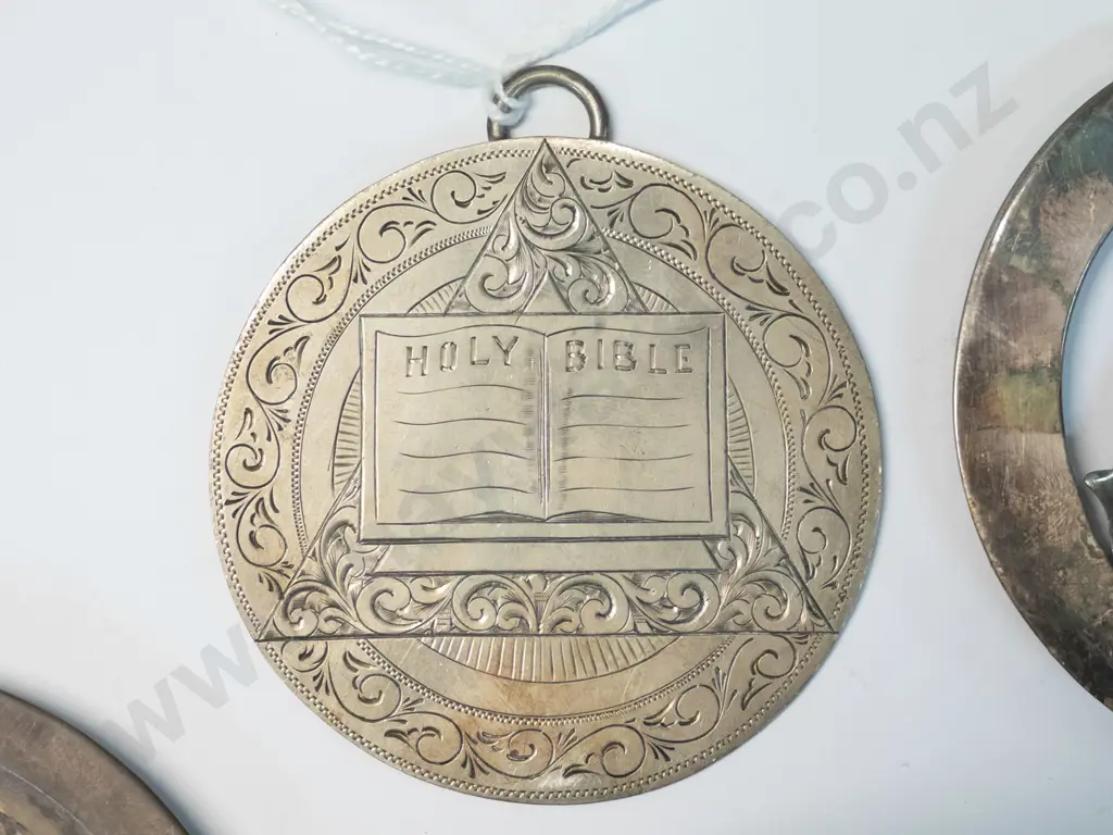 sterling silver "Holy Bible" disc/medallion, sterling silver small dish or lid with impressed designs,and a medallion Image 1++