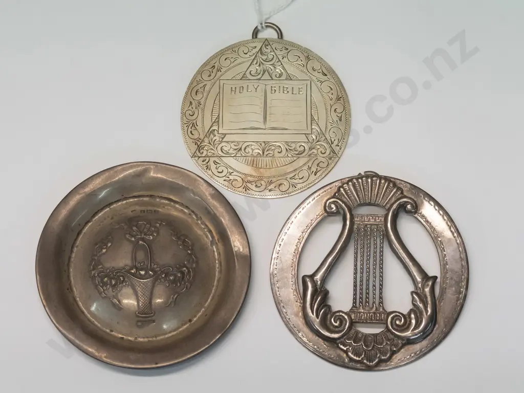 sterling silver "Holy Bible" disc/medallion, sterling silver small dish or lid with impressed designs,and a medallion Image 1++
