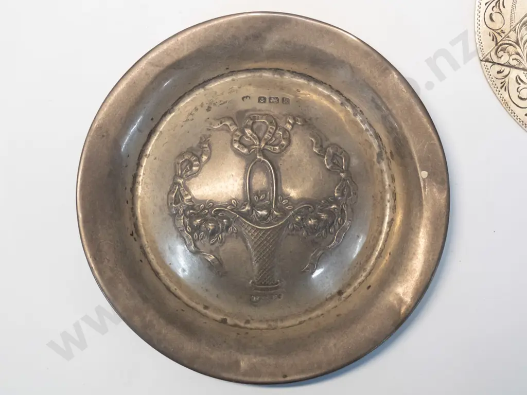 sterling silver "Holy Bible" disc/medallion, sterling silver small dish or lid with impressed designs,and a medallion Image 1++