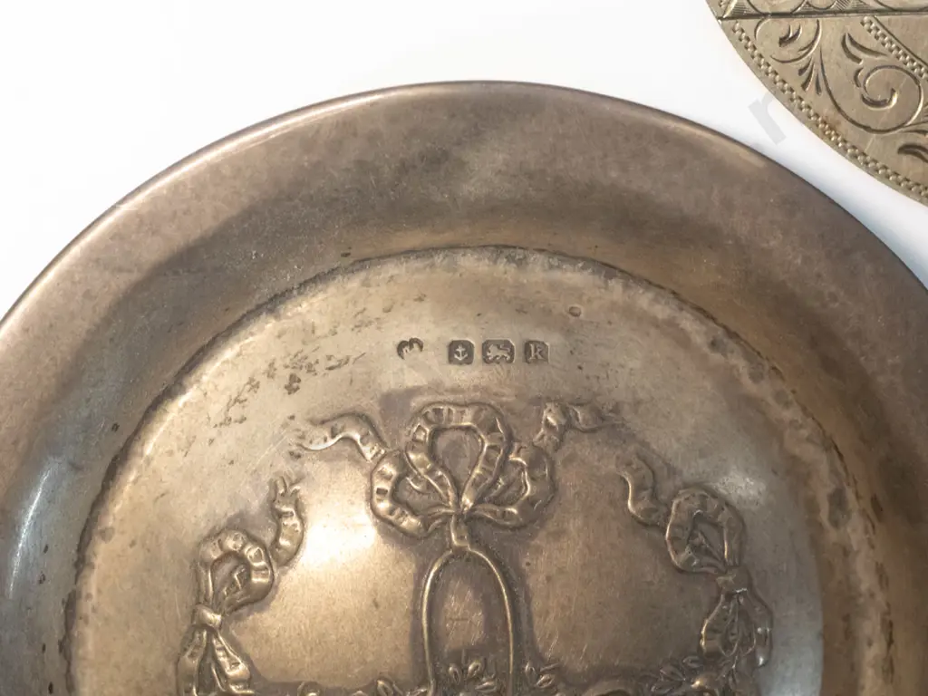sterling silver "Holy Bible" disc/medallion, sterling silver small dish or lid with impressed designs,and a medallion Image 1++