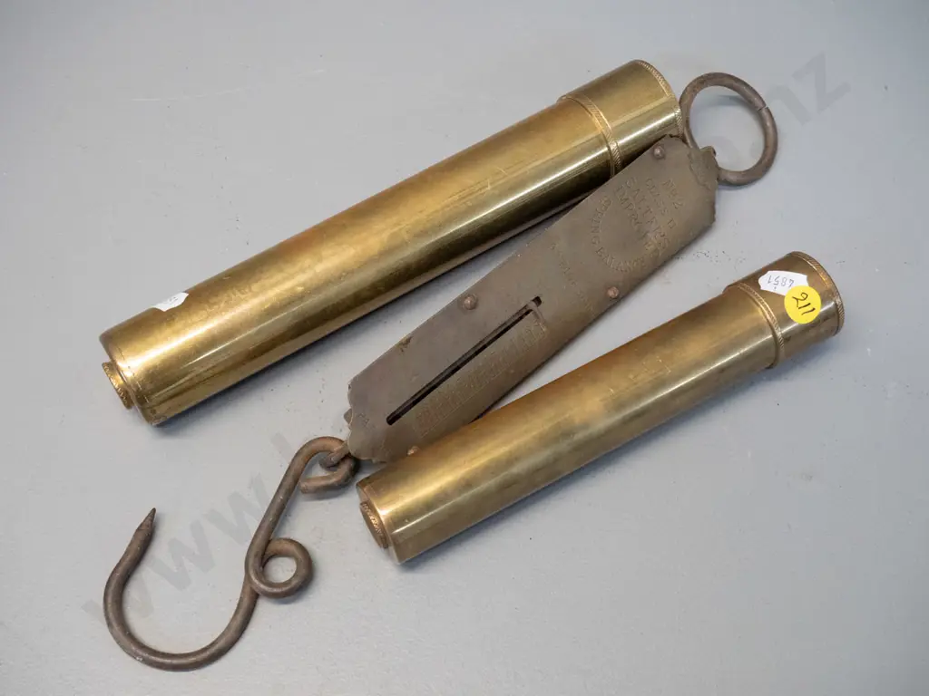 2 brass kaleidoscopes, larger one L-240 is empty - and a Salter's No. 2 spring scale Image 1++