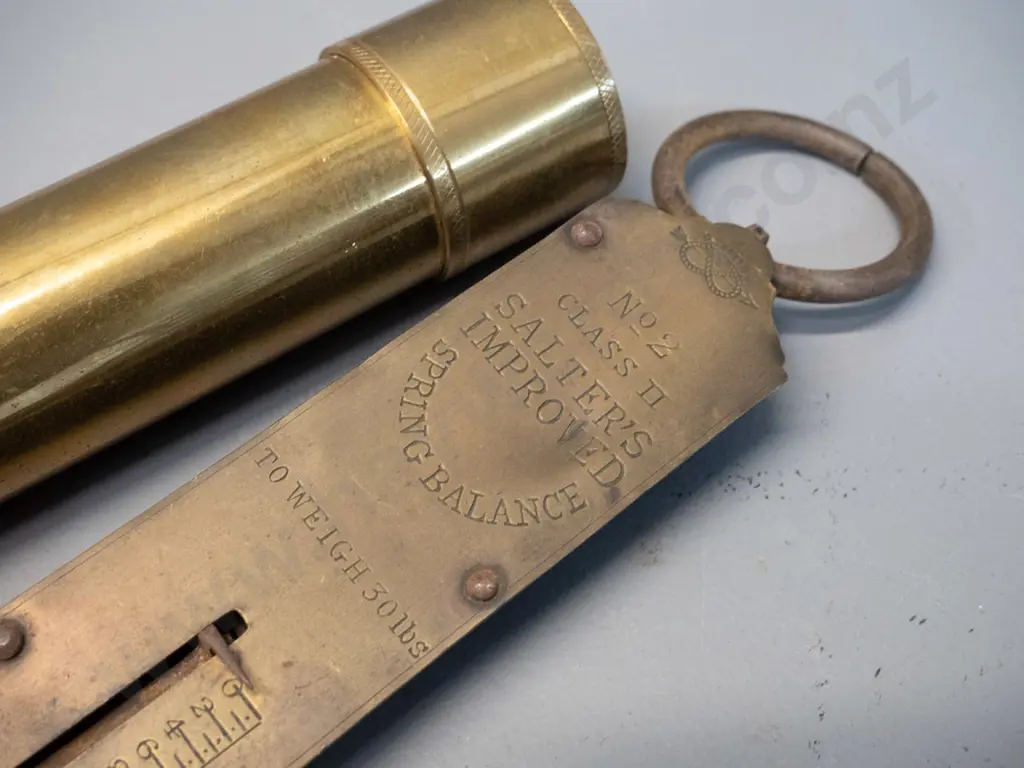 2 brass kaleidoscopes, larger one L-240 is empty - and a Salter's No. 2 spring scale Image 1++