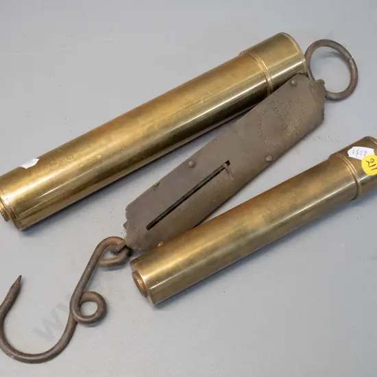 2 brass kaleidoscopes, larger one L-240 is empty - and a Salter's No. 2 spring scale