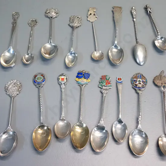 16 assorted sterling silver teaspoons, some place name souvenir, some figural, some with enamel decoration